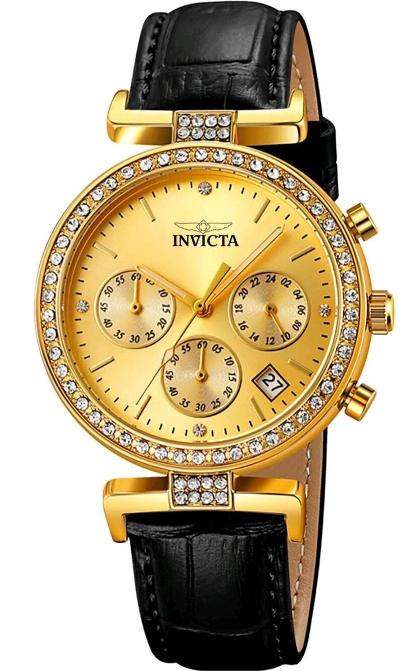 70365 - Invicta Celestial Lady 38mm Gold Tone Case Gold Metal Dial Black Band